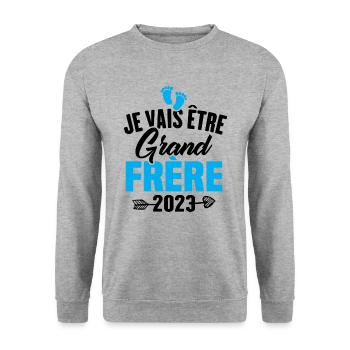 Cadeau Je vais être grand frère 2023 - Sweat-shirt Unisexe - gris chiné - Devant - Alina (178cm) & Michal (187cm)