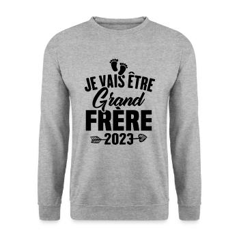 Cadeau Je vais être grand frère 2023 - Sweat-shirt Unisexe - gris chiné - Devant - Alina (178cm) & Michal (187cm)