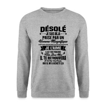 Je suis prise par un homme magnifique humour femme - Sweat-shirt Unisexe - gris chiné - Devant - Alina (178cm) & Michal (187cm)