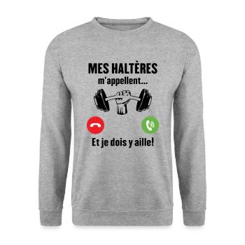 Les haltères musculation m'appellent - Sweat-shirt Unisexe - gris chiné - Devant - Alina (178cm) & Michal (187cm)