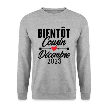 Bientôt Cousin Décembre 2023, Annonce Grossesse - Sweat-shirt Unisexe - gris chiné - Devant - Alina (178cm) & Michal (187cm)