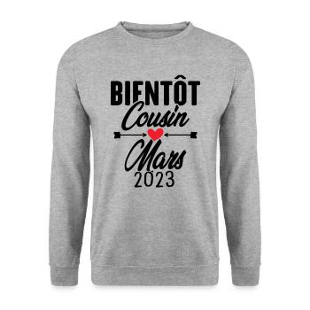 Bientôt Cousin Mars 2023, Annonce Grossesse - Sweat-shirt Unisexe - gris chiné - Devant - Alina (178cm) & Michal (187cm)