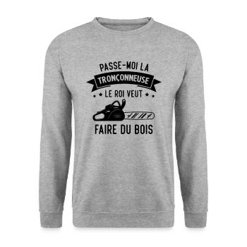 passe moi la Tronçonneuse le roi veut faire du boi - Sweat-shirt Unisexe - gris chiné - Devant - Alina (178cm) & Michal (187cm)