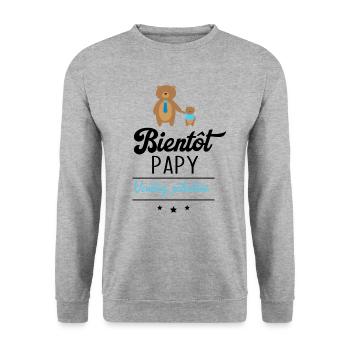 Bientôt Papy veuillez patienter, Cadeau futur papy - Sweat-shirt Unisexe - gris chiné - Devant - Alina (178cm) & Michal (187cm)