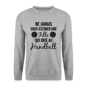 Ne jamais sous estimer fille qui joue au handball - Sweat-shirt Unisexe - gris chiné - Devant - Alina (178cm) & Michal (187cm)