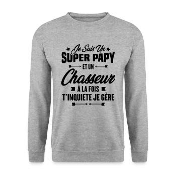 Je suis un super papy et un chasseur, Cadeau papy - Sweat-shirt Unisexe - gris chiné - Devant - Alina (178cm) & Michal (187cm)