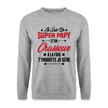 Je suis un super papy et un chasseur, Cadeau papy - Sweat-shirt Unisexe - gris chiné - Devant - Alina (178cm) & Michal (187cm)