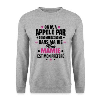 On m'a appelée par tous les noms mais Mamie - Sweat-shirt Unisexe - gris chiné - Devant - Alina (178cm) & Michal (187cm)