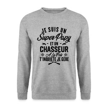Je suis un super papy et un chasseur, Cadeau papy - Sweat-shirt Unisexe - gris chiné - Devant - Alina (178cm) & Michal (187cm)