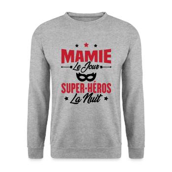 Mamie le jour super héros la nuit, Cadeau mamie - Sweat-shirt Unisexe - gris chiné - Devant - Alina (178cm) & Michal (187cm)