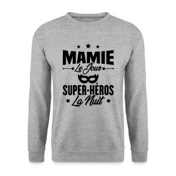 Mamie le jour super héros la nuit, Cadeau mamie - Sweat-shirt Unisexe - gris chiné - Devant - Alina (178cm) & Michal (187cm)