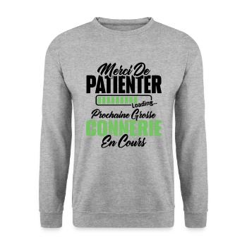 Humour cadeau prochaine grosse connerie en cours - Sweat-shirt Unisexe - gris chiné - Devant - Alina (178cm) & Michal (187cm)
