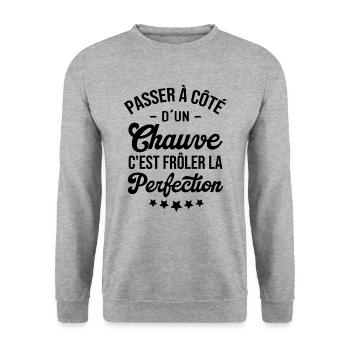 Chauve perfection, Cadeau humour homme chauve - Sweat-shirt Unisexe - gris chiné - Devant - Alina (178cm) & Michal (187cm)