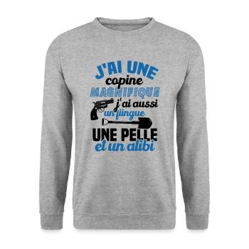 J'ai une Copine Magnifique - Flingue, Pelle, Alibi - Sweat-shirt Unisexe - gris chiné - Devant - Alina (178cm) & Michal (187cm)