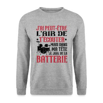 Dans ma tête je joue de la batterie - Sweat-shirt Unisexe - gris chiné - Devant - Alina (178cm) & Michal (187cm)