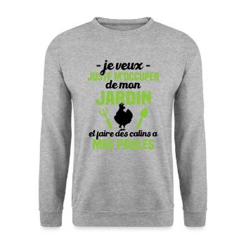 M'occuper de mon jardin, Cadeau jardinier poules - Sweat-shirt Unisexe - gris chiné - Devant - Alina (178cm) & Michal (187cm)