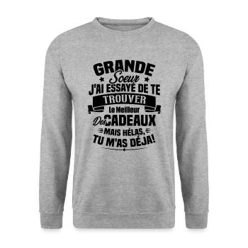 Grande Soeur J'ai essayé de te trouver des cadeaux - Sweat-shirt Unisexe - gris chiné - Devant - Alina (178cm) & Michal (187cm)