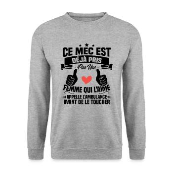 Mec deja pris cadeau homme amour femme - Sweat-shirt Unisexe - gris chiné - Devant - Alina (178cm) & Michal (187cm)