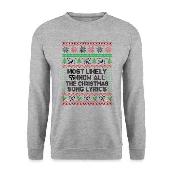 Am wahrscheinlichsten, um alle Weihnachtsliedtexte zu kennen - Unisex Pullover - Weißgrau meliert - Vorne - Alina (178cm) & Michal (187cm)