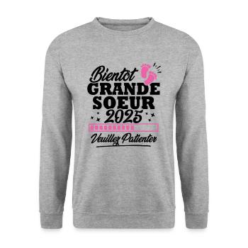 Bientôt grande soeur 2025 - Sweat-shirt Unisexe - gris chiné - Devant - Alina (178cm) & Michal (187cm)