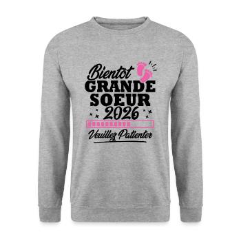 Bientôt grande soeur 2026 - Sweat-shirt Unisexe - gris chiné - Devant - Alina (178cm) & Michal (187cm)