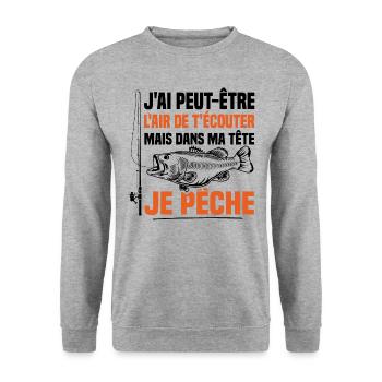 Dans ma tête je pêche / Pêcheur humour - Sweat-shirt Unisexe - gris chiné - Devant - Alina (178cm) & Michal (187cm)