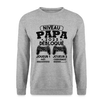 Niveau papa débloqué futur père 2023 - Sweat-shirt Unisexe - gris chiné - Devant - Alina (178cm) & Michal (187cm)