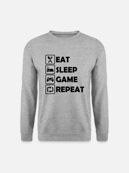Essen, Schlafen, Spielen, Wiederholen Humor Geschenk - Unisex Pullover - Weißgrau meliert