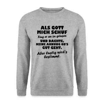 Als Gott mich schuf fing - Unisex Pullover - Weißgrau meliert - Vorne - Alina (178cm) & Michal (187cm)