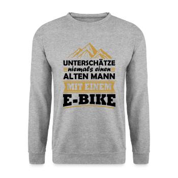 Unterschätze niemals einen alten Mann mit E-Bike - Unisex Pullover - Weißgrau meliert - Vorne - Alina (178cm) & Michal (187cm)
