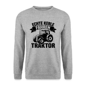 Echte Kerle fahren Traktor - Unisex Pullover - Weißgrau meliert - Vorne - Alina (178cm) & Michal (187cm)