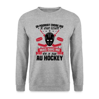 Dans ma tête je joue au hockey - Sweat-shirt Unisexe - gris chiné - Devant - Alina (178cm) & Michal (187cm)