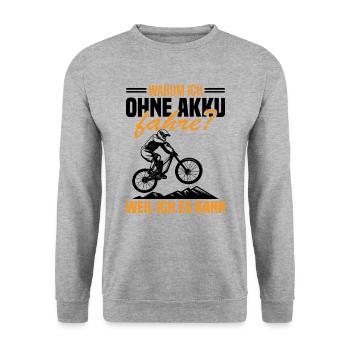 Warum ich ohne akku fahre weil ich es kann - Unisex Pullover - Weißgrau meliert - Vorne - Alina (178cm) & Michal (187cm)