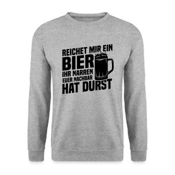 Reichet mir ein bier, Nachbar hat durst - Unisex Pullover - Weißgrau meliert - Vorne - Alina (178cm) & Michal (187cm)
