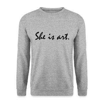 She is art - Unisex Pullover - Weißgrau meliert - Vorne - Alina (178cm) & Michal (187cm)