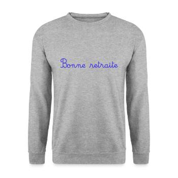 RUHESTAND. ALLES GUTE FÜR DEN RUHESTAND. ALLES GUTE FÜR DEN RUHESTAND. HERZ - Unisex Pullover - Weißgrau meliert - Vorne - Alina (178cm) & Michal (187cm)