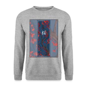 Sakura Sumi-e Kanji Foncé - Sweat-shirt Unisexe - gris chiné - Devant - Alina (178cm) & Michal (187cm)