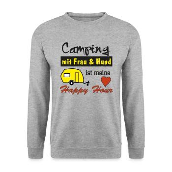 happy hour camping mit frau und hund - Unisex Pullover - Weißgrau meliert - Vorne - Alina (178cm) & Michal (187cm)