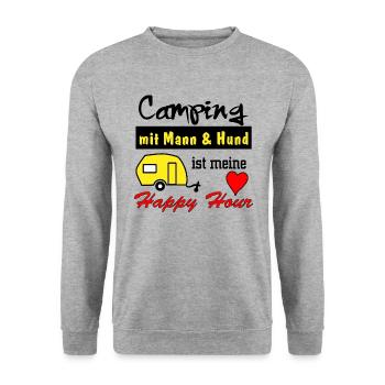 happy hour camping mit mann und hund - Unisex Pullover - Weißgrau meliert - Vorne - Alina (178cm) & Michal (187cm)