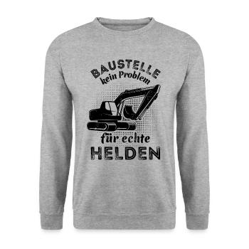 Baustelle - kein Problem für echte Helden - Bagger - Unisex Pullover - Weißgrau meliert - Vorne - Alina (178cm) & Michal (187cm)