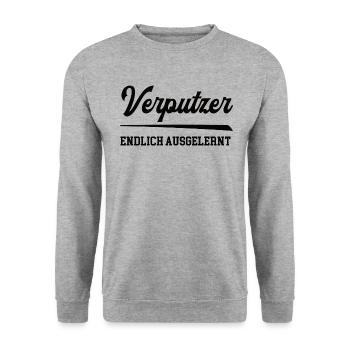 Verputzer Ausbildung Lehre Abschluss Stuckateur - Unisex Pullover - Weißgrau meliert - Vorne - Alina (178cm) & Michal (187cm)