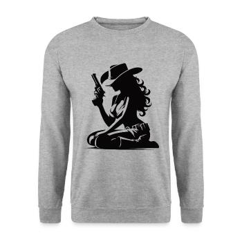 Cooles Cowboy Girl für alles Wild West Fans - Unisex Pullover - Weißgrau meliert - Vorne - Alina (178cm) & Michal (187cm)