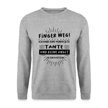 Finger weg! Ich habe eine verrückte Tante - Unisex Pullover - Weißgrau meliert - Vorne - Alina (178cm) & Michal (187cm)