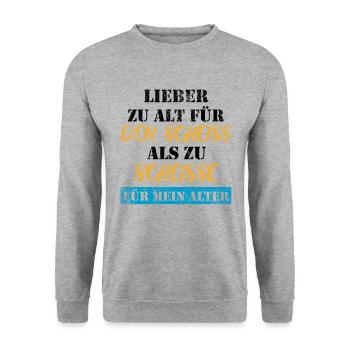 Lieber zu alt, als zu scheiße für mein Alter - Unisex Pullover - Weißgrau meliert - Vorne - Alina (178cm) & Michal (187cm)