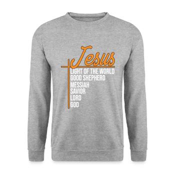 Jésus Lumière du Monde - Jésus-Christ - Sweat-shirt Unisexe - gris chiné - Devant - Alina (178cm) & Michal (187cm)