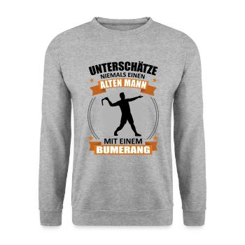 Bumerang Werfer Alter Mann Spruch Geschenk - Unisex Pullover - Weißgrau meliert - Vorne - Alina (178cm) & Michal (187cm)