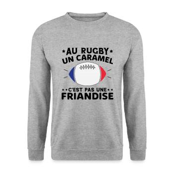 Au Rugby Un Caramel C'est Pas Une Friandise - Sweat-shirt Unisexe - gris chiné - Devant - Alina (178cm) & Michal (187cm)