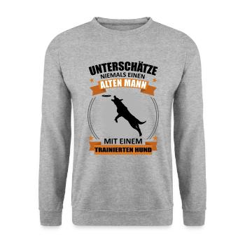 Hundetraining Alter Mann Mit Hund Spruch Geschenk - Unisex Pullover - Weißgrau meliert - Vorne - Alina (178cm) & Michal (187cm)