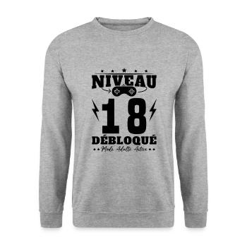 Niveau 18 Débloqué Anniversaire 18 Ans - Sweat-shirt Unisexe - gris chiné - Devant - Alina (178cm) & Michal (187cm)