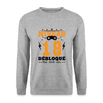 Niveau 18 Débloqué Anniversaire 18 Ans - Sweat-shirt Unisexe - gris chiné - Devant - Alina (178cm) & Michal (187cm)